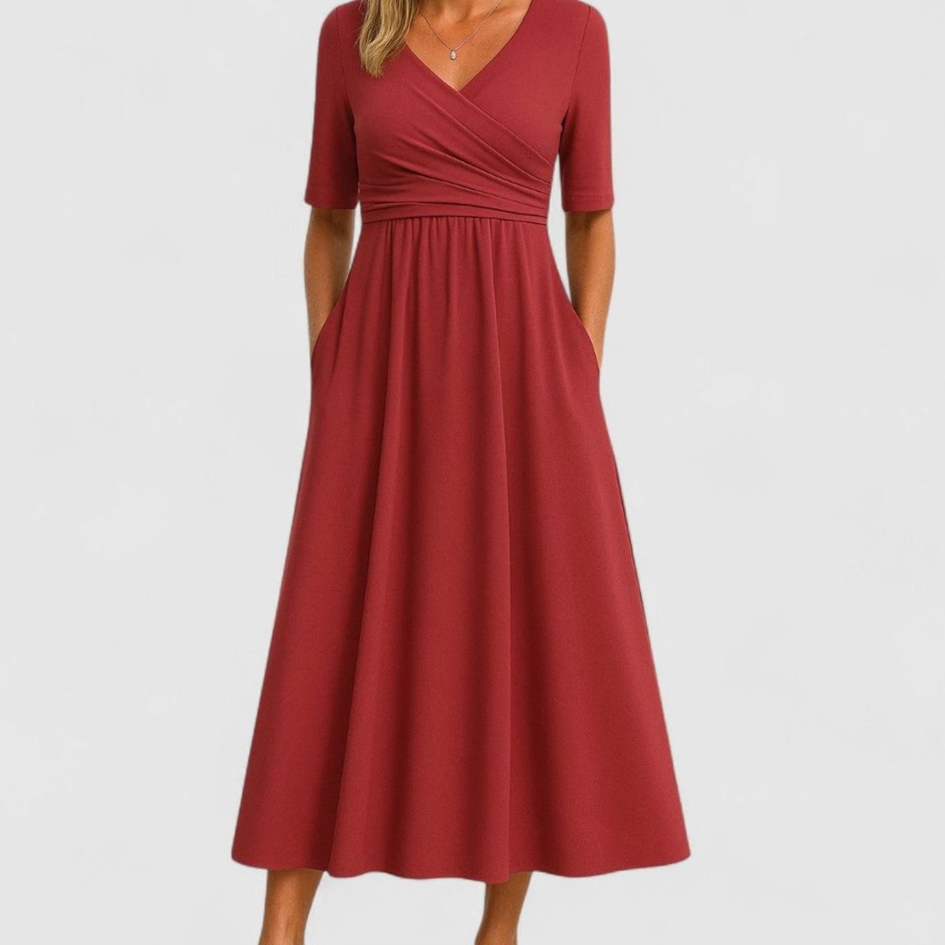 Ophelia | Women's V Neck Wrap Midi Dress - Red