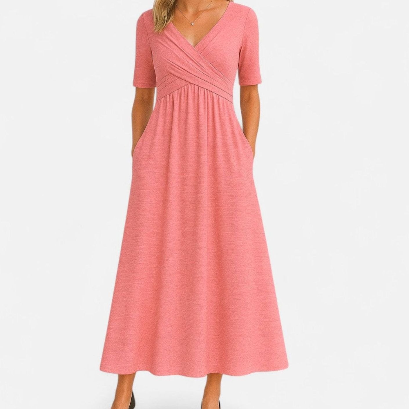 Ophelia | Women's V Neck Wrap Midi Dress - Pink