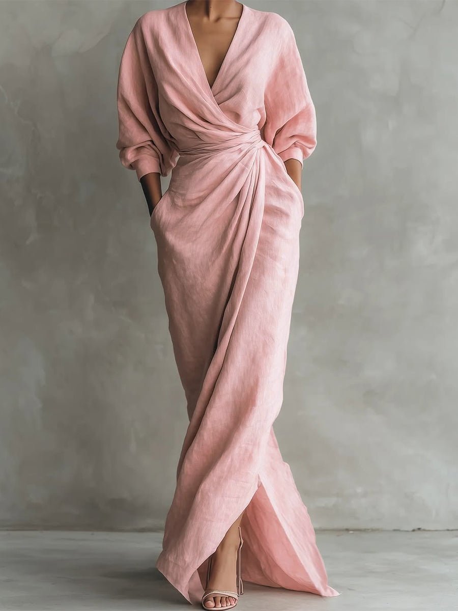 Selena | Women's Long Sleeve Oversized V Neck Maxi Dress - Pink
