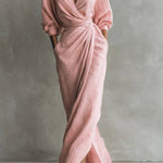 Selena | Women's Long Sleeve Oversized V Neck Maxi Dress - Pink