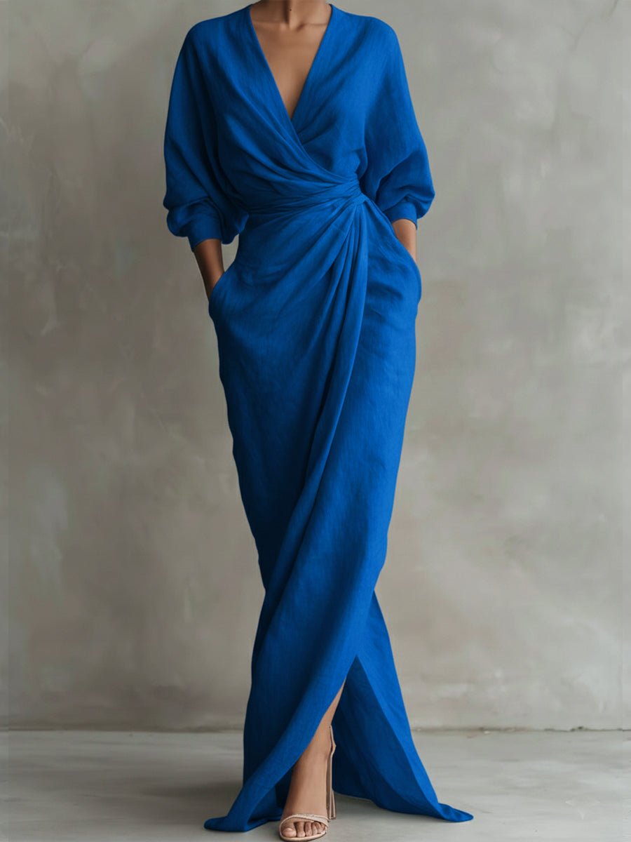 Selena | Women's Long Sleeve Oversized V Neck Maxi Dress - Blue
