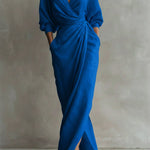 Selena | Women's Long Sleeve Oversized V Neck Maxi Dress - Blue