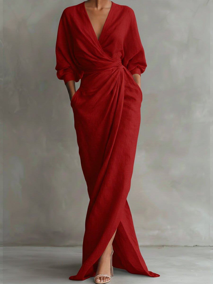 Selena | Women's Long Sleeve Oversized V Neck Maxi Dress - Red