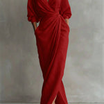 Selena | Women's Long Sleeve Oversized V Neck Maxi Dress - Red