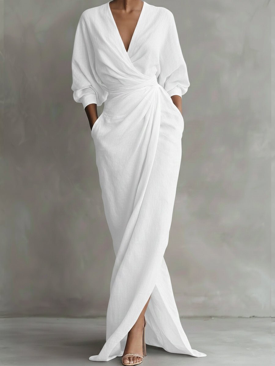 Selena | Women's Long Sleeve Oversized V Neck Maxi Dress - White