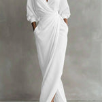 Selena | Women's Long Sleeve Oversized V Neck Maxi Dress - White