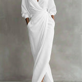 Selena | Women's Long Sleeve Oversized V Neck Maxi Dress - White
