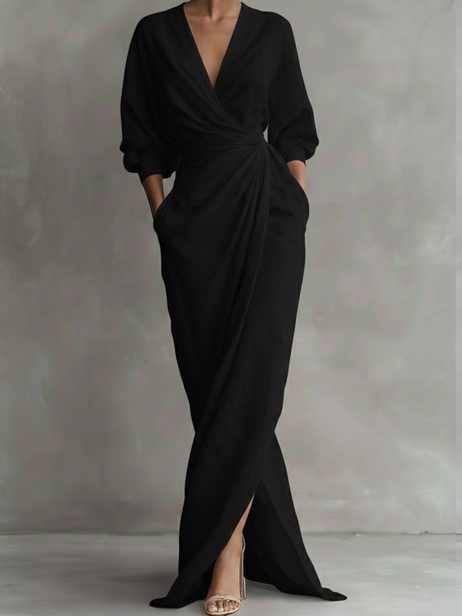 Selena | Women's Long Sleeve Oversized V Neck Maxi Dress - Black