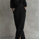 Selena | Women's Long Sleeve Oversized V Neck Maxi Dress - Black