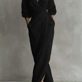 Selena | Women's Long Sleeve Oversized V Neck Maxi Dress - Black