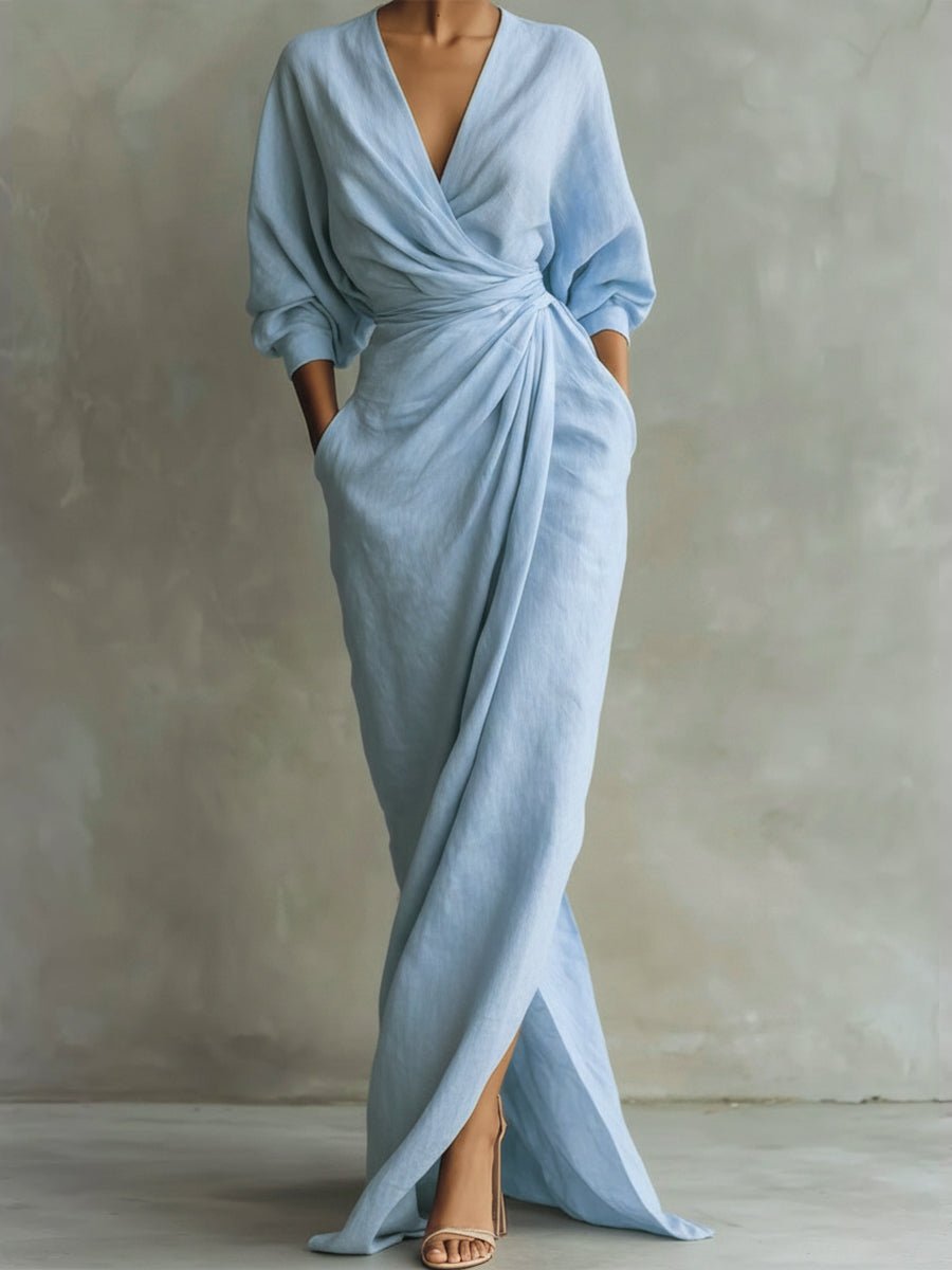 Selena | Women's Long Sleeve Oversized V Neck Maxi Dress - Light Blue