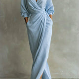 Selena | Women's Long Sleeve Oversized V Neck Maxi Dress - Light Blue