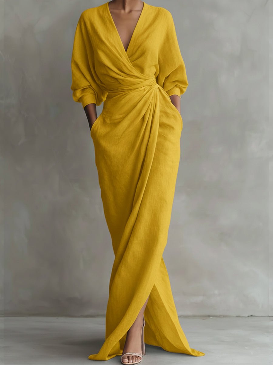 Selena | Women's Long Sleeve Oversized V Neck Maxi Dress - Yellow