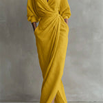 Selena | Women's Long Sleeve Oversized V Neck Maxi Dress - Yellow
