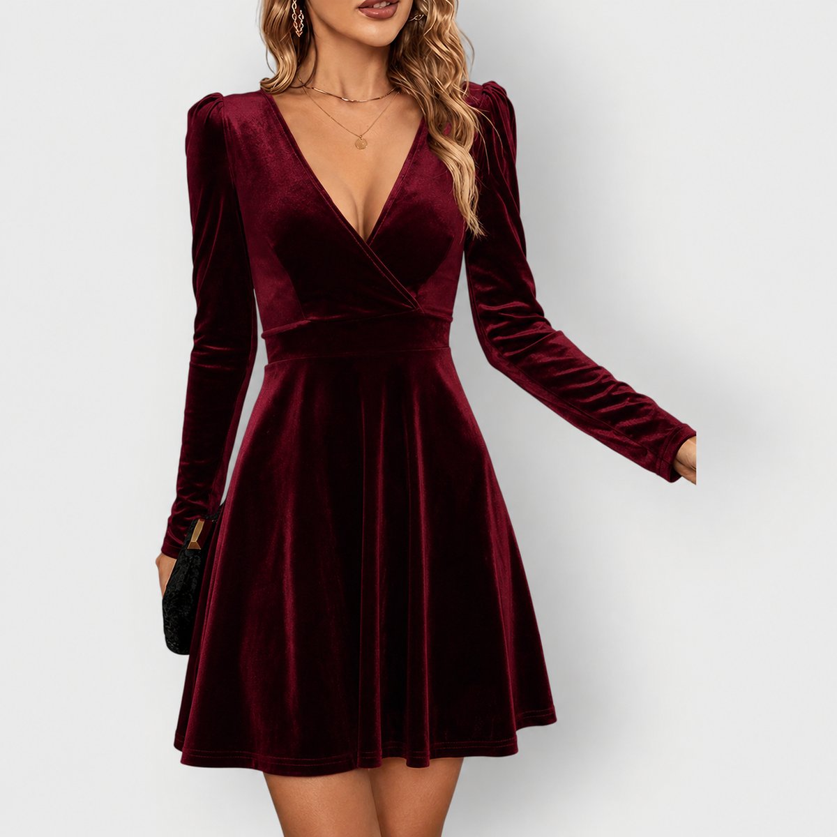 Imogen | Women's Long Sleeve Velvet V Neck Dress - Red