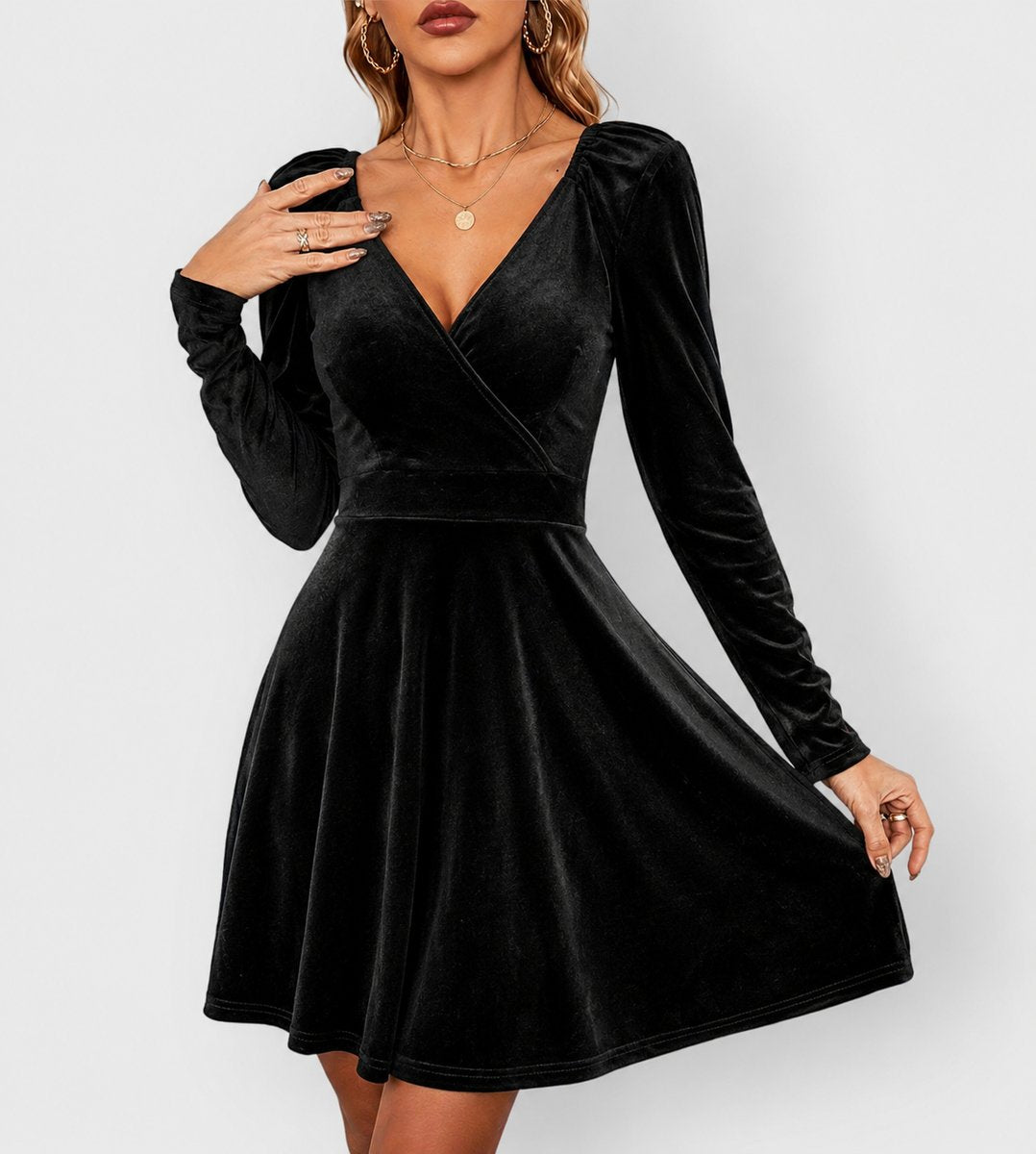 Imogen | Women's Long Sleeve Velvet V Neck Dress - Black