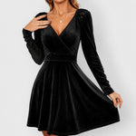 Imogen | Women's Long Sleeve Velvet V Neck Dress - Black