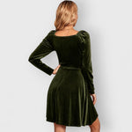 Imogen | Women's Long Sleeve Velvet V Neck Dress - Green