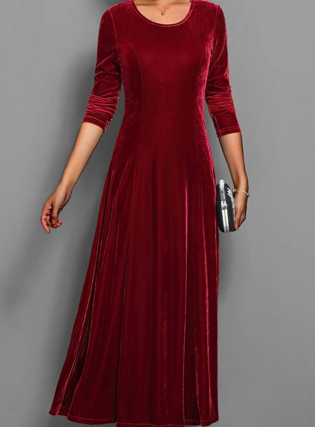 Eliza | Women's Long Sleeve Velvet Maxi Wedding Guest Dress - Red