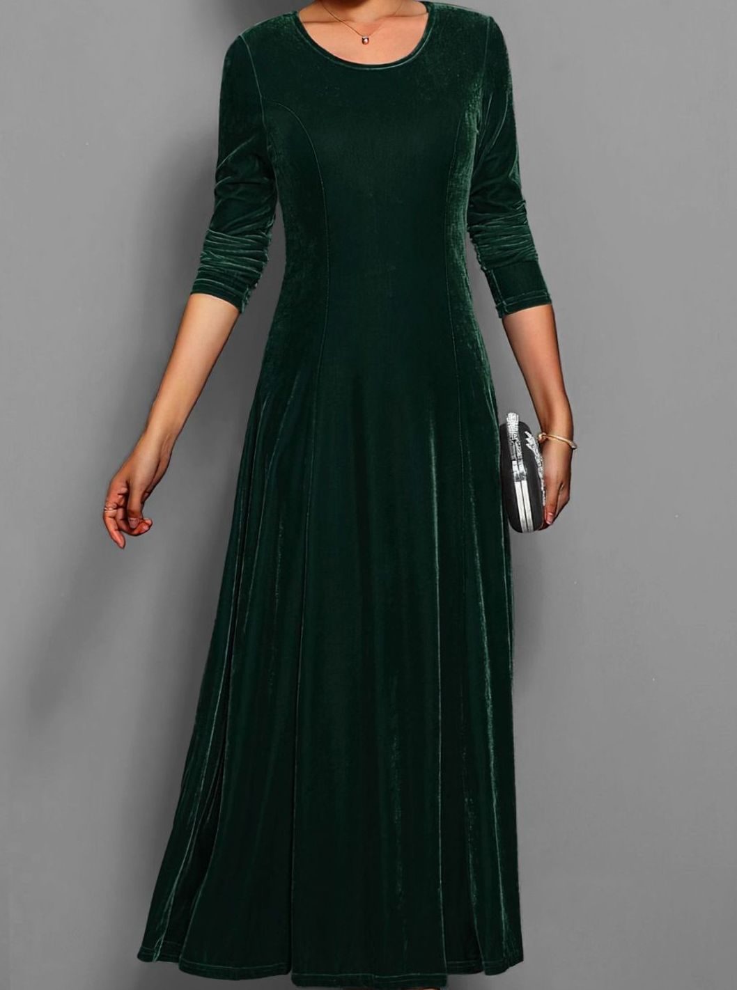 Eliza | Women's Long Sleeve Velvet Maxi Wedding Guest Dress - Dark Green