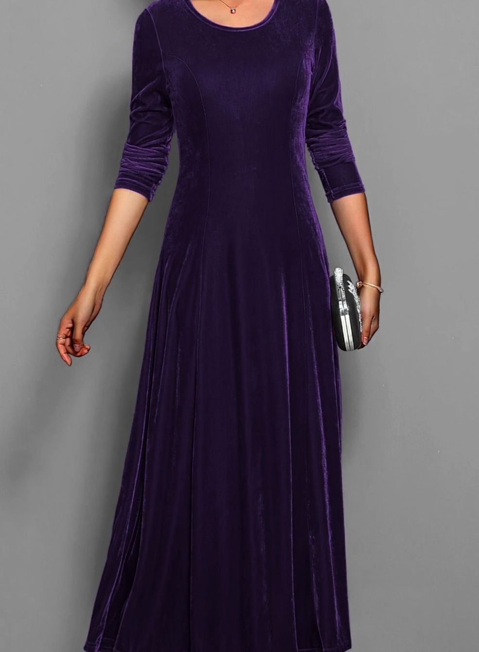 Eliza | Women's Long Sleeve Velvet Maxi Wedding Guest Dress - Purple