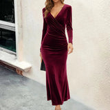 Stella | Women's Long Sleeve Velvet V Neck Midi Dress - Red