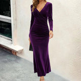 Stella | Women's Long Sleeve Velvet V Neck Midi Dress - Purple