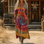 Matilda | Women's Long Sleeve V Neck Relaxed Fit Maxi Dress - Multicolour