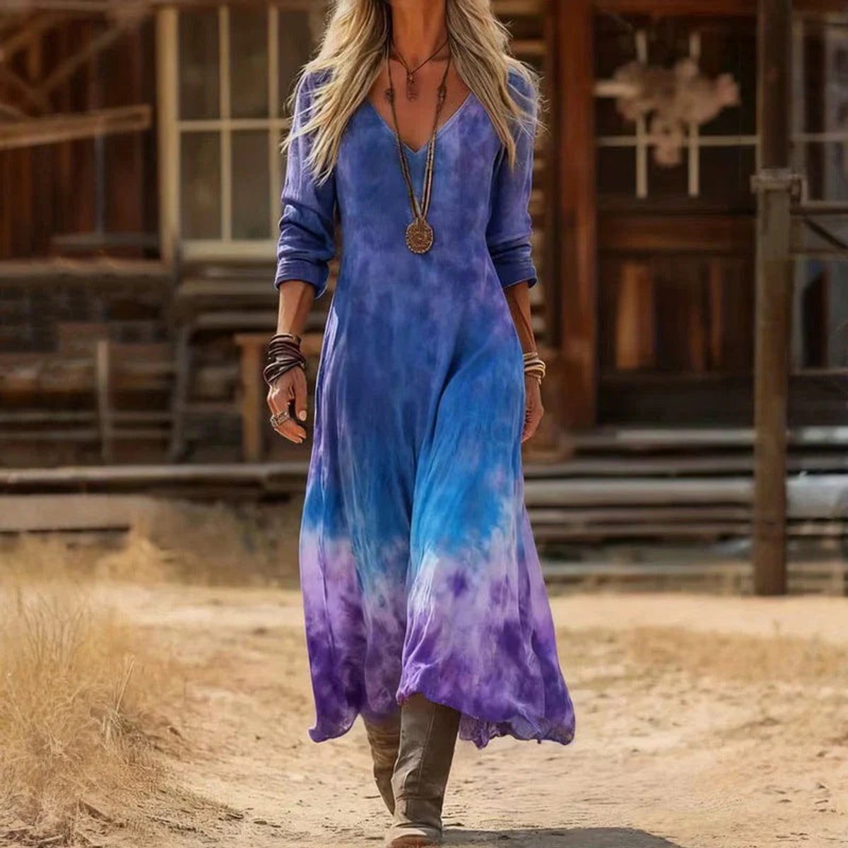 Matilda | Women's Long Sleeve V Neck Relaxed Fit Maxi Dress - Purple
