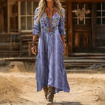 Matilda | Women's Long Sleeve V Neck Relaxed Fit Maxi Dress - Blue