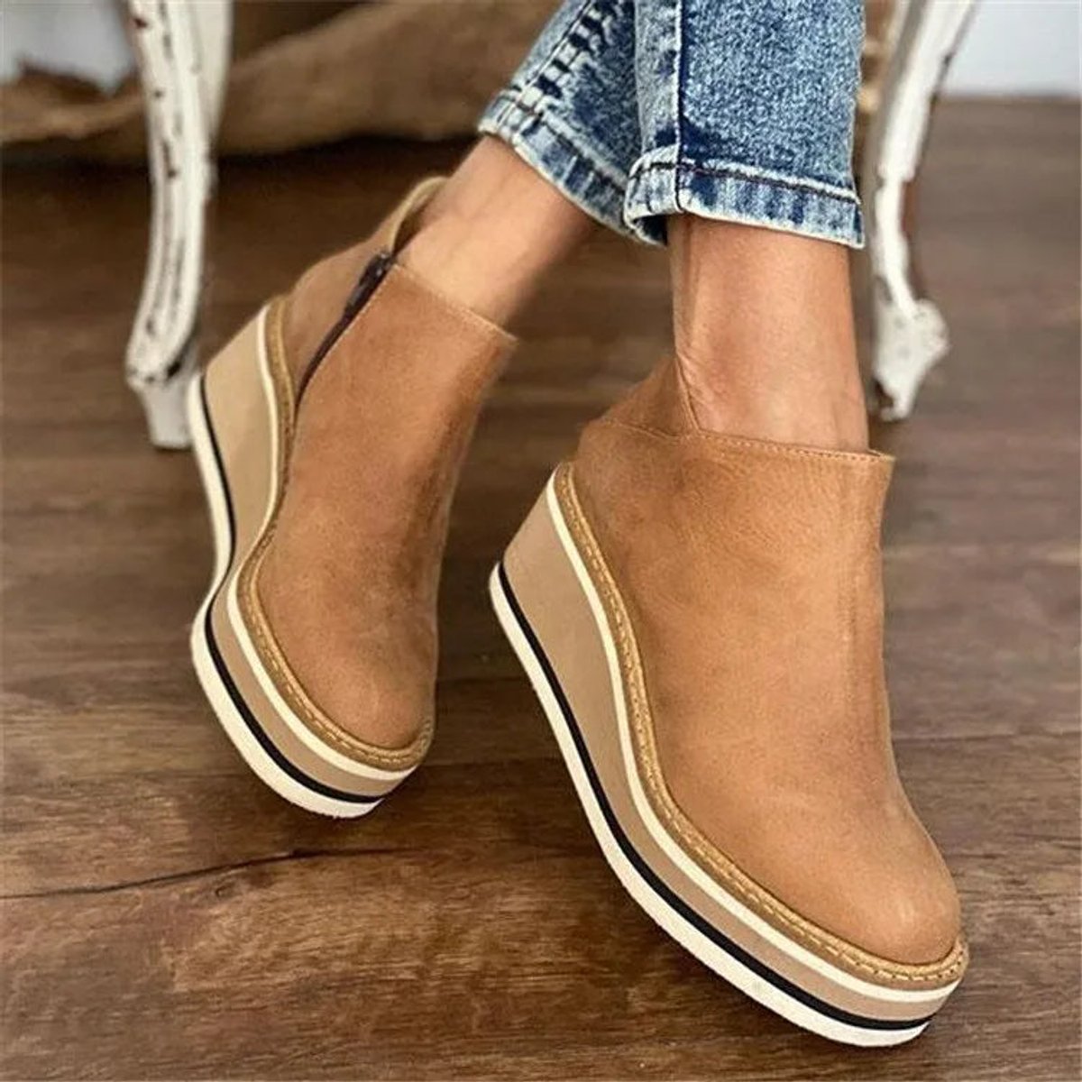 Miranda | Women's Platform Wedge Leather Look Ankle Boots - Beige