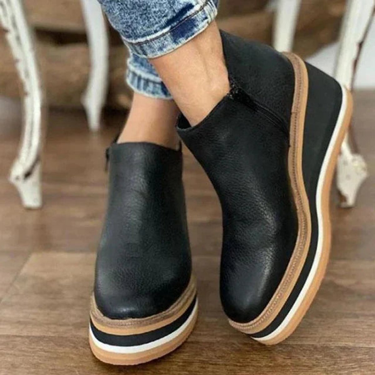 Miranda | Women's Platform Wedge Leather Look Ankle Boots - Black