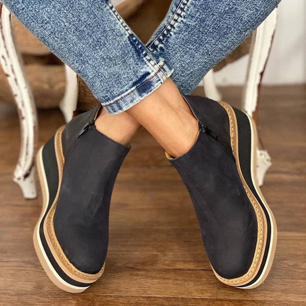 Miranda | Women's Platform Wedge Leather Look Ankle Boots - Dark Navy