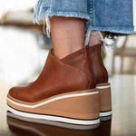 Miranda | Women's Platform Wedge Leather Look Ankle Boots - Khaki