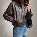 Cynthia | Women's Long Sleeve Faux Leather Coat - Dark Brown