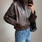 Cynthia | Women's Long Sleeve Faux Leather Coat - Dark Brown